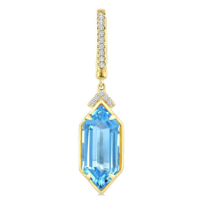 14X6 MM Evoque Gemstones Hexagon Shape Blue Topaz and 1/6 Ctw Round Cut Diamond Semi-Precious Earrings in 14K Yellow Gold