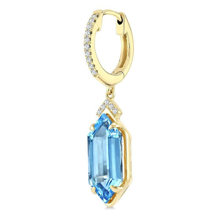 14X6 MM Evoque Gemstones Hexagon Shape Blue Topaz and 1/6 Ctw Round Cut Diamond Semi-Precious Earrings in 14K Yellow Gold