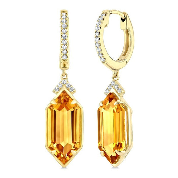14X6 MM Evoque Gemstones Hexagon Shape Citrine and 1/6 Ctw Round Cut Diamond Semi-Precious Earrings in 14K Yellow Gold