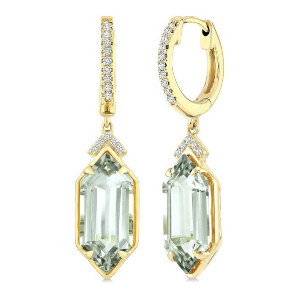 14X6 MM Evoque Gemstones Hexagon Shape Green Amethyst and 1/6 Ctw Round Cut Diamond Semi-Precious Earrings in 14K Yellow Gold