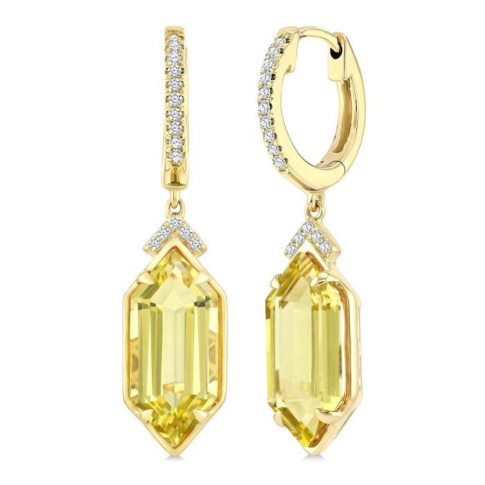 14X6 MM Evoque Gemstones Hexagon Shape Lemon Quartz and 1/6 Ctw Round Cut Diamond Semi-Precious Earrings in 14K Yellow Gold