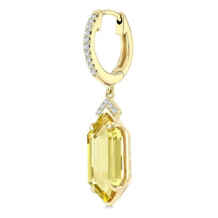 14X6 MM Evoque Gemstones Hexagon Shape Lemon Quartz and 1/6 Ctw Round Cut Diamond Semi-Precious Earrings in 14K Yellow Gold