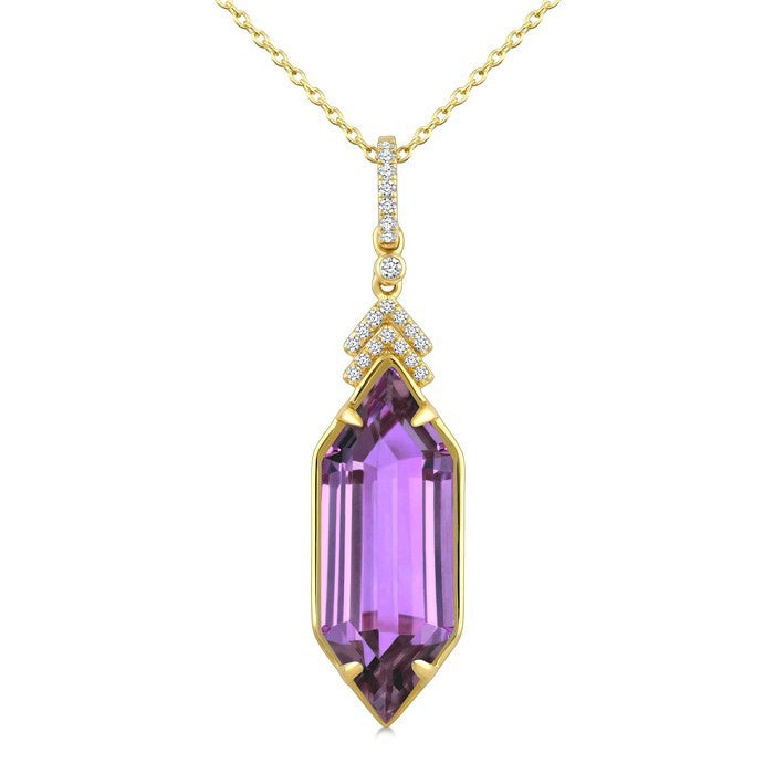 22X8 MM Evoque Gemstones Hexagon Shape Amethyst and 1/10 Ctw Round Cut Diamond Semi-Precious Pendant With Chain in 14K Yellow Gold