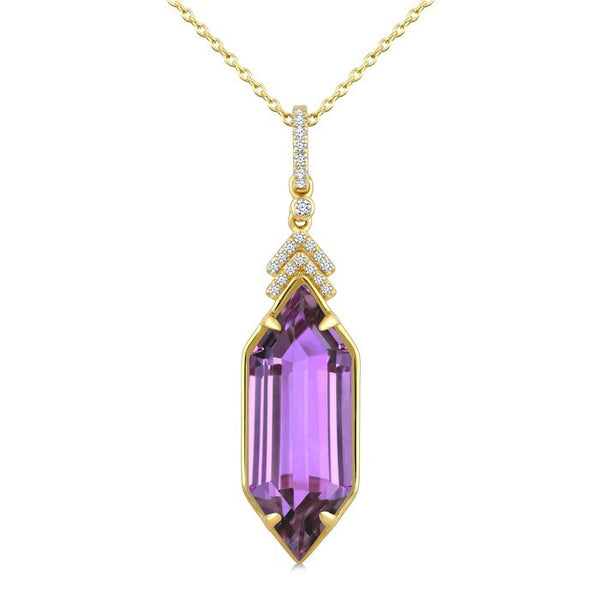 22X8 MM Evoque Gemstones Hexagon Shape Amethyst and 1/10 Ctw Round Cut Diamond Semi-Precious Pendant With Chain in 14K Yellow Gold