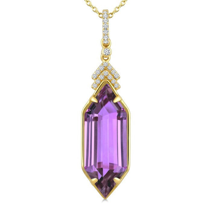 22X8 MM Evoque Gemstones Hexagon Shape Amethyst and 1/10 Ctw Round Cut Diamond Semi-Precious Pendant With Chain in 14K Yellow Gold