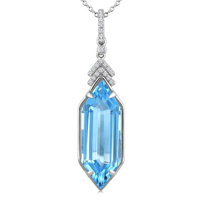 22X8 MM Evoque Gemstones Hexagon Shape Blue Topaz and 1/10 Ctw Round Cut Diamond Semi-Precious Pendant With Chain in 14K White Gold