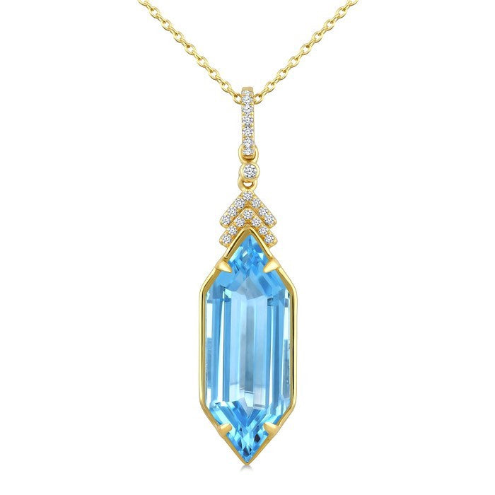 22X8 MM Evoque Gemstones Hexagon Shape Blue Topaz and 1/10 Ctw Round Cut Diamond Semi-Precious Pendant With Chain in 14K Yellow Gold