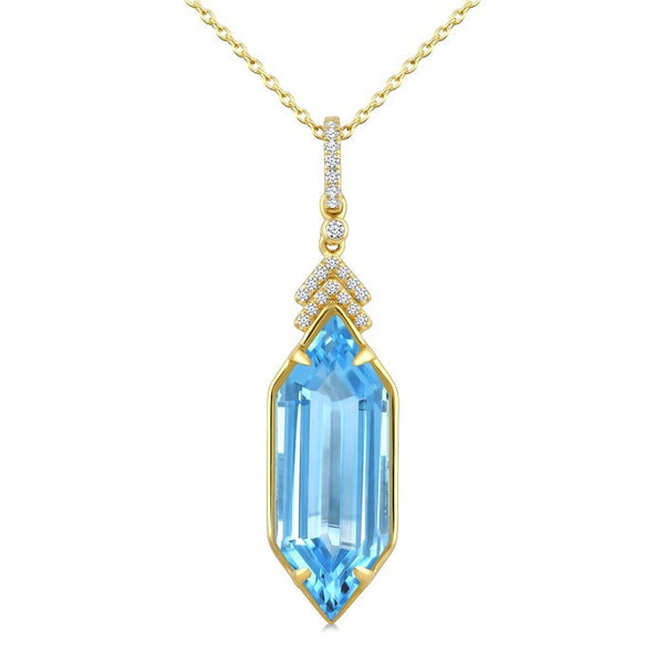 22X8 MM Evoque Gemstones Hexagon Shape Blue Topaz and 1/10 Ctw Round Cut Diamond Semi-Precious Pendant With Chain in 14K Yellow Gold