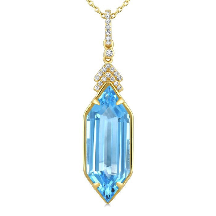 22X8 MM Evoque Gemstones Hexagon Shape Blue Topaz and 1/10 Ctw Round Cut Diamond Semi-Precious Pendant With Chain in 14K Yellow Gold