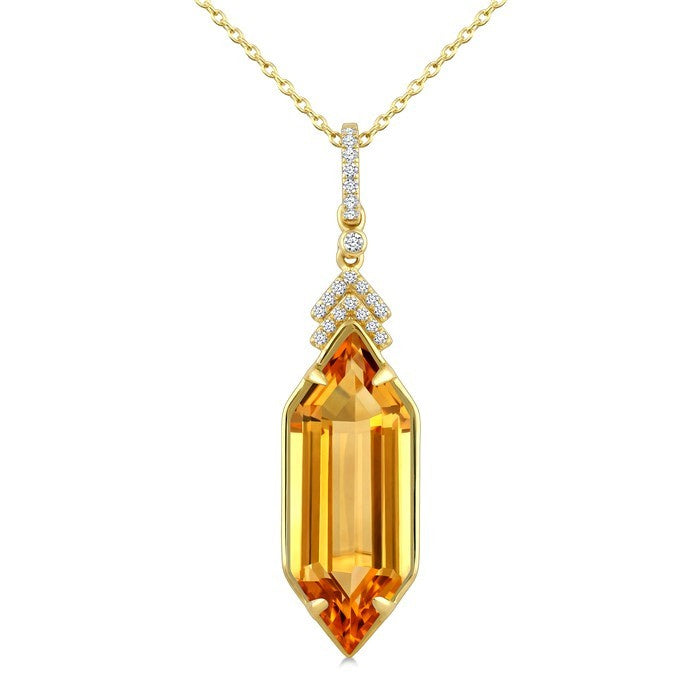 22X8 MM Evoque Gemstone Hexagon Shape Citrine and 1/10 Ctw Round Cut Diamond Semi-Precious Pendant With Chain in 14K Yellow Gold