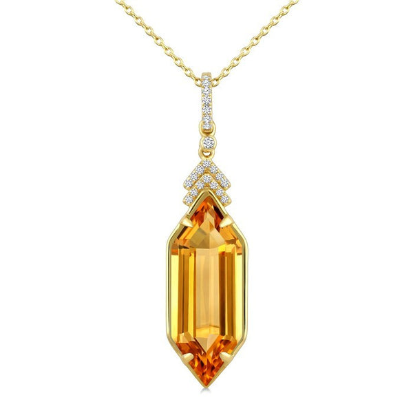 22X8 MM Evoque Gemstone Hexagon Shape Citrine and 1/10 Ctw Round Cut Diamond Semi-Precious Pendant With Chain in 14K Yellow Gold