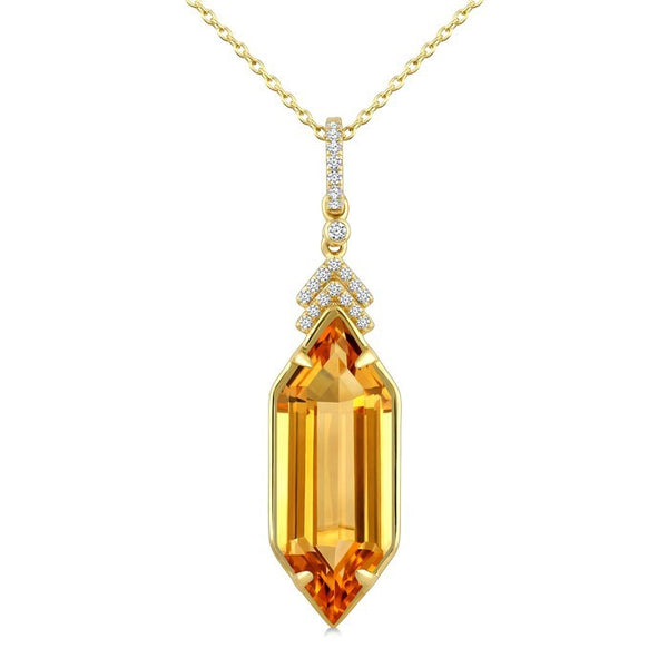 22X8 MM Evoque Gemstone Hexagon Shape Citrine and 1/10 Ctw Round Cut Diamond Semi-Precious Pendant With Chain in 14K Yellow Gold