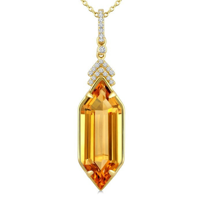 22X8 MM Evoque Gemstone Hexagon Shape Citrine and 1/10 Ctw Round Cut Diamond Semi-Precious Pendant With Chain in 14K Yellow Gold