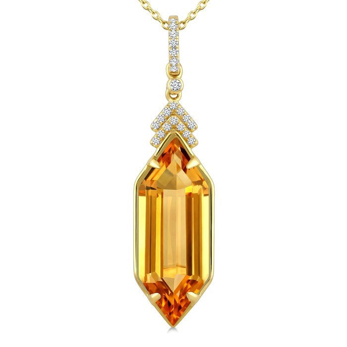 22X8 MM Evoque Gemstone Hexagon Shape Citrine and 1/10 Ctw Round Cut Diamond Semi-Precious Pendant With Chain in 14K Yellow Gold