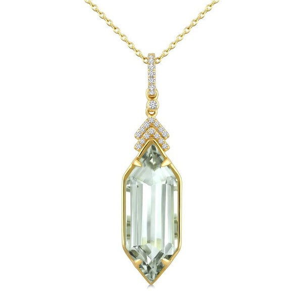 22X8 MM Evoque Gemstone Hexagon Shape Green Amethyst and 1/10 Ctw Round Cut Diamond Semi-Precious Pendant With Chain in 14K Yellow Gold
