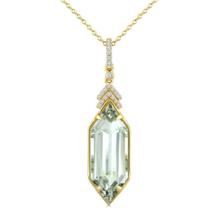 22X8 MM Evoque Gemstone Hexagon Shape Green Amethyst and 1/10 Ctw Round Cut Diamond Semi-Precious Pendant With Chain in 14K Yellow Gold