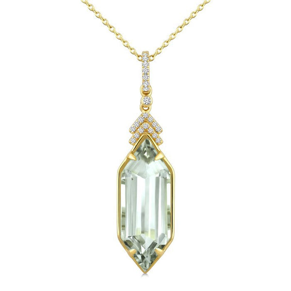 22X8 MM Evoque Gemstone Hexagon Shape Green Amethyst and 1/10 Ctw Round Cut Diamond Semi-Precious Pendant With Chain in 14K Yellow Gold