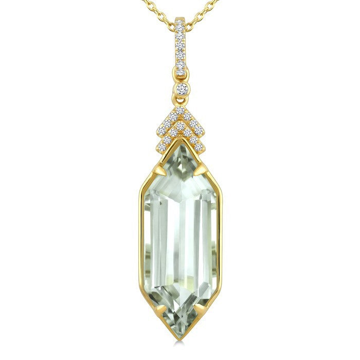 22X8 MM Evoque Gemstone Hexagon Shape Green Amethyst and 1/10 Ctw Round Cut Diamond Semi-Precious Pendant With Chain in 14K Yellow Gold