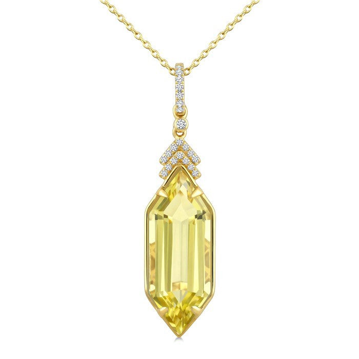 22X8 MM Evoque Gemstones Hexagon Shape Lemon Quartz and 1/10 Ctw Round Cut Diamond Semi-Precious Pendant With Chain in 14K Yellow Gold