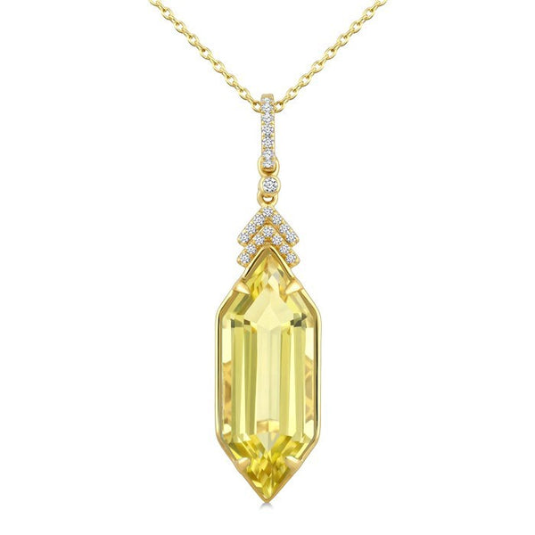 22X8 MM Evoque Gemstones Hexagon Shape Lemon Quartz and 1/10 Ctw Round Cut Diamond Semi-Precious Pendant With Chain in 14K Yellow Gold