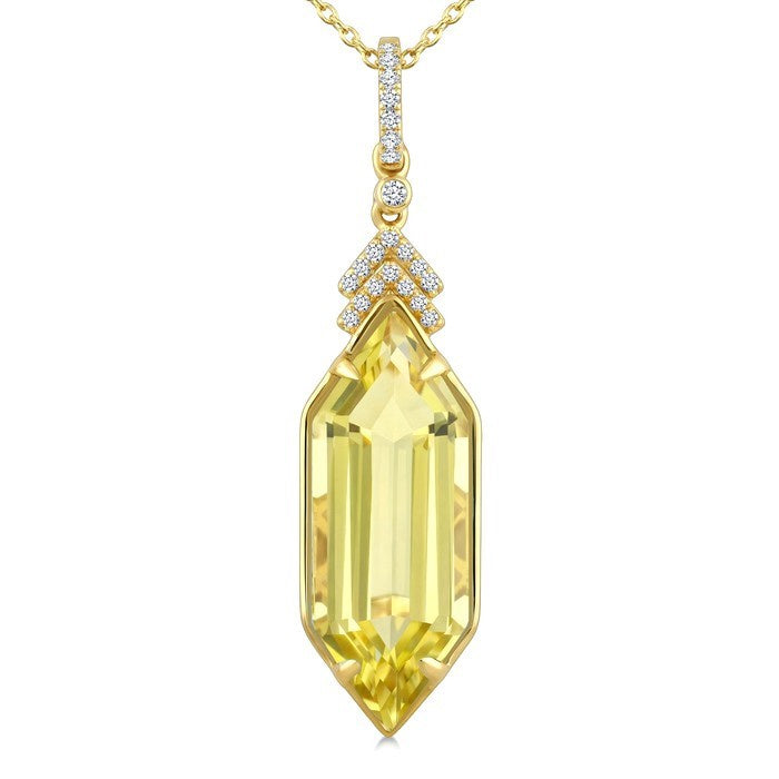 22X8 MM Evoque Gemstones Hexagon Shape Lemon Quartz and 1/10 Ctw Round Cut Diamond Semi-Precious Pendant With Chain in 14K Yellow Gold