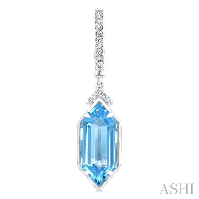 14X6 MM Evoque Gemstones Hexagon Shape Blue Topaz and 1/6 Ctw Round Cut Diamond Semi-Precious Earrings in 14K White Gold