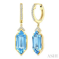 14X6 MM Evoque Gemstones Hexagon Shape Blue Topaz and 1/6 Ctw Round Cut Diamond Semi-Precious Earrings in 14K Yellow Gold