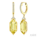 14X6 MM Evoque Gemstones Hexagon Shape Lemon Quartz and 1/6 Ctw Round Cut Diamond Semi-Precious Earrings in 14K Yellow Gold