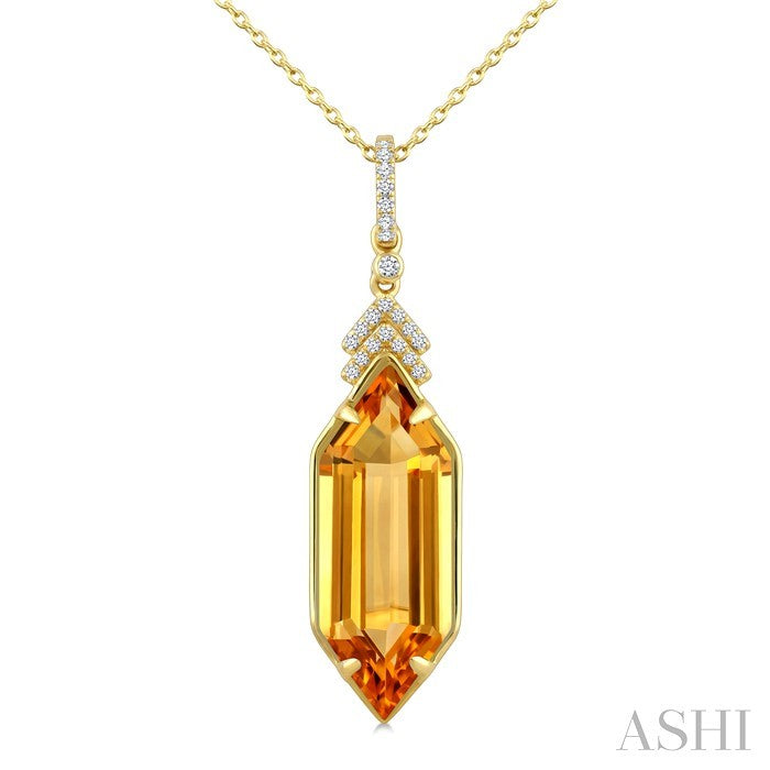 22X8 MM Evoque Gemstone Hexagon Shape Citrine and 1/10 Ctw Round Cut Diamond Semi-Precious Pendant With Chain in 14K Yellow Gold