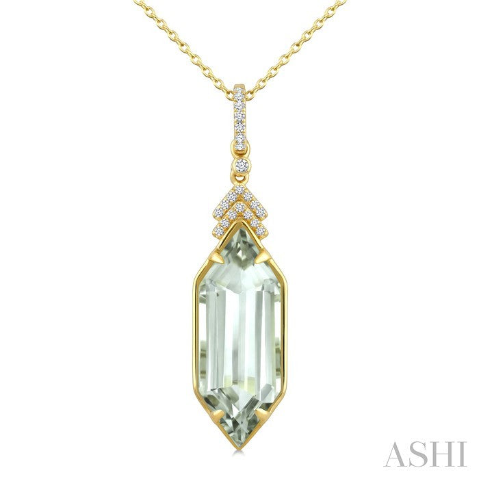 22X8 MM Evoque Gemstone Hexagon Shape Green Amethyst and 1/10 Ctw Round Cut Diamond Semi-Precious Pendant With Chain in 14K Yellow Gold