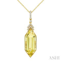 22X8 MM Evoque Gemstones Hexagon Shape Lemon Quartz and 1/10 Ctw Round Cut Diamond Semi-Precious Pendant With Chain in 14K Yellow Gold