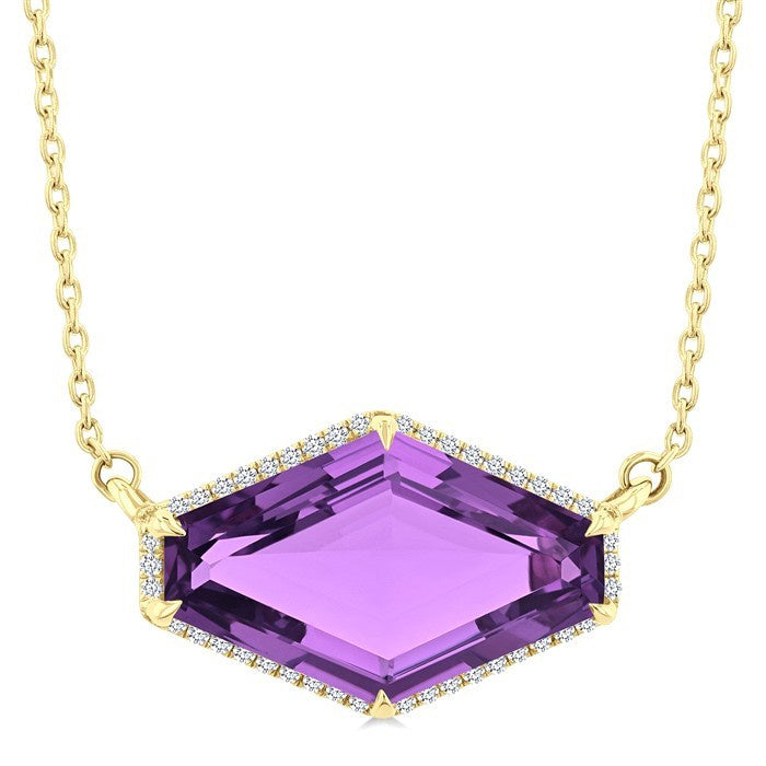 16X10 MM Evoque Gemstones Hexagon Shape Amethyst and 1/10 Ctw Round Cut Diamond Halo Semi-Precious Pendant With Chain in 14K Yellow Gold