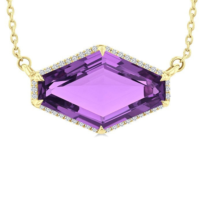 16X10 MM Evoque Gemstones Hexagon Shape Amethyst and 1/10 Ctw Round Cut Diamond Halo Semi-Precious Pendant With Chain in 14K Yellow Gold