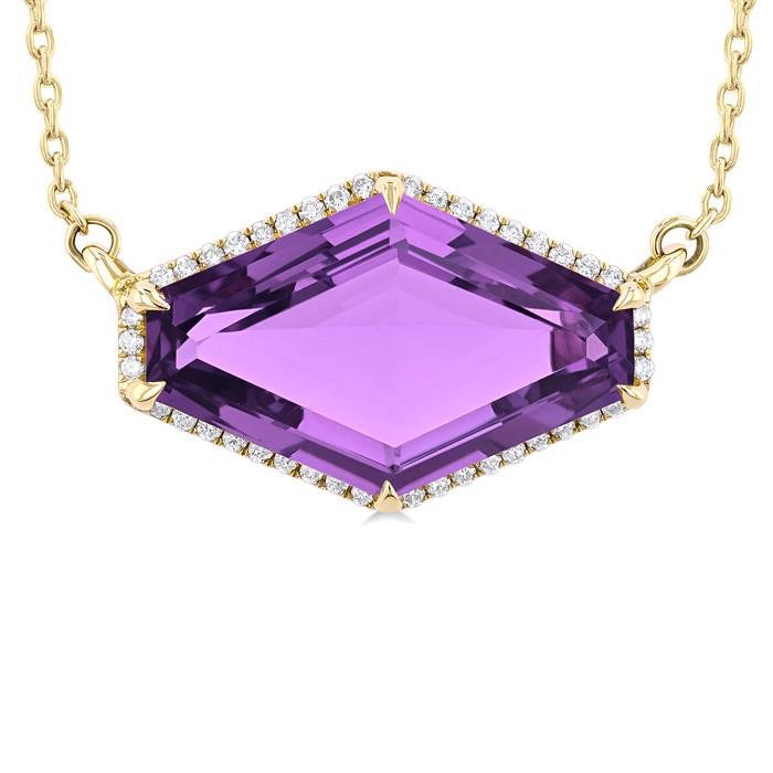 Raven Hexagon Shape East-West Gemstone & Halo Diamond Pendant