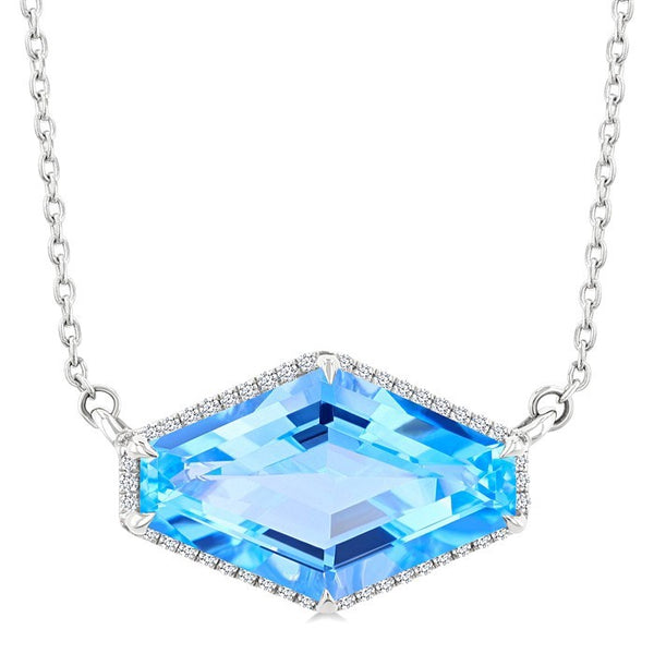 16X10 MM Evoque Gemstones Hexagon Shape Blue Topaz and 1/10 Ctw Round Cut Diamond Halo Semi-Precious Pendant With Chain in 14K White Gold