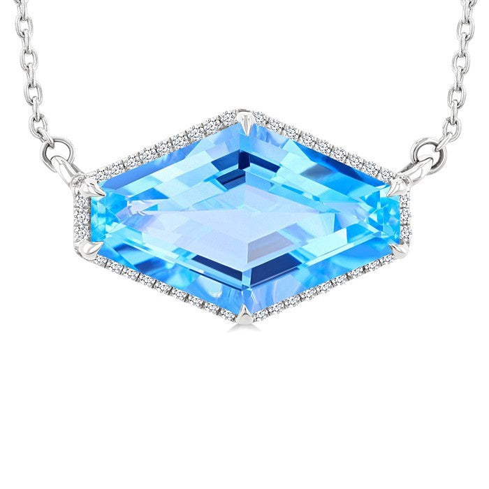 16X10 MM Evoque Gemstones Hexagon Shape Blue Topaz and 1/10 Ctw Round Cut Diamond Halo Semi-Precious Pendant With Chain in 14K White Gold