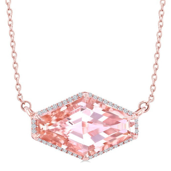 16X10 MM Evoque Gemstones Hexagon Shape Morganite and 1/10 Ctw Round Cut Diamond Halo Semi-Precious Pendant With Chain in 14K Rose Gold