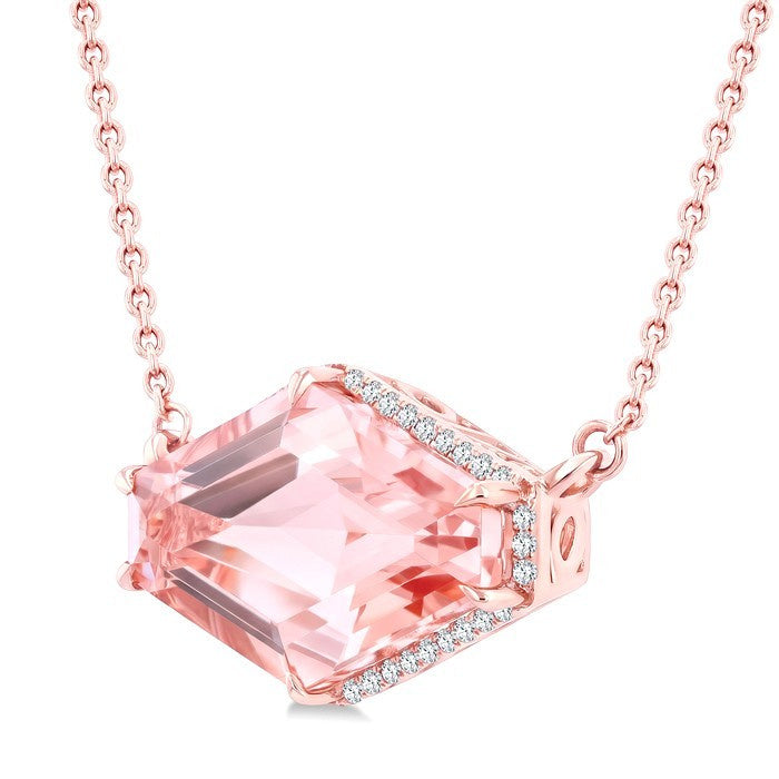 16X10 MM Evoque Gemstones Hexagon Shape Morganite and 1/10 Ctw Round Cut Diamond Halo Semi-Precious Pendant With Chain in 14K Rose Gold