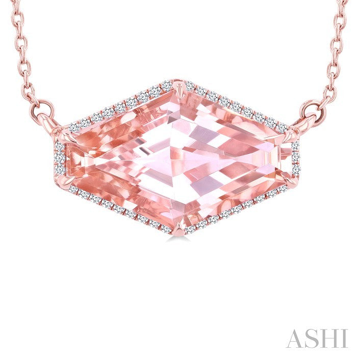 16X10 MM Evoque Gemstones Hexagon Shape Morganite and 1/10 Ctw Round Cut Diamond Halo Semi-Precious Pendant With Chain in 14K Rose Gold