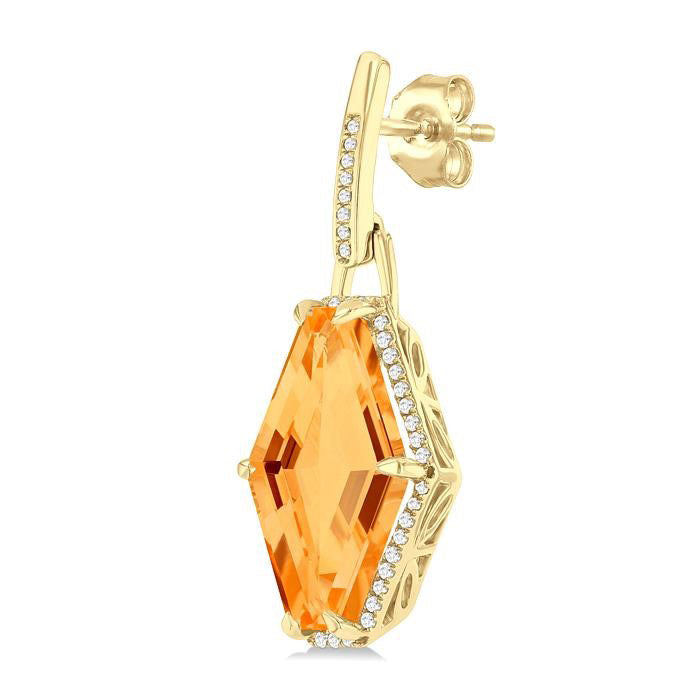 Hexagon Shape Gemstone & Halo Diamond Earrings