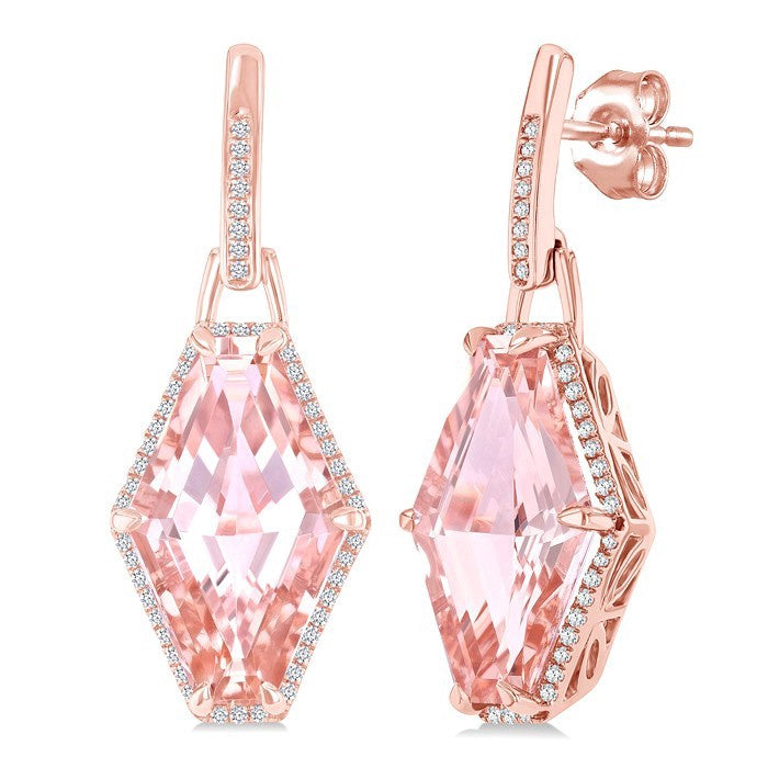 16X10 MM Evoque Gemstones Hexagon Shape Morganite and 1/4 Ctw Round Cut Diamond Halo Semi-Precious Earrings in 14K Rose Gold