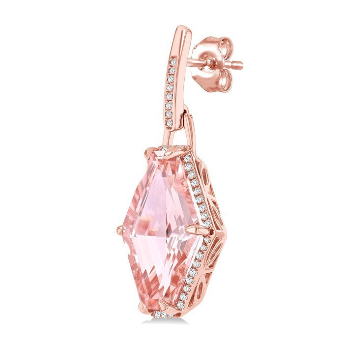 16X10 MM Evoque Gemstones Hexagon Shape Morganite and 1/4 Ctw Round Cut Diamond Halo Semi-Precious Earrings in 14K Rose Gold