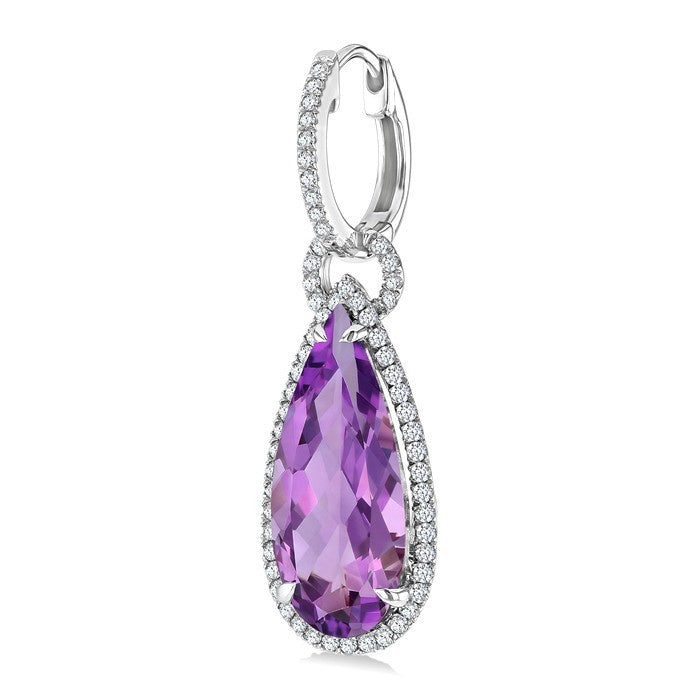 18X8 MM Evoque Gemstones Pear Shape Amethyst and 5/8 Ctw Round Cut Diamond Halo Semi-Precious Earrings in 14K White Gold