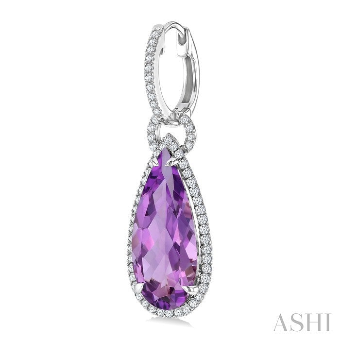 18X8 MM Evoque Gemstones Pear Shape Amethyst and 5/8 Ctw Round Cut Diamond Halo Semi-Precious Earrings in 14K White Gold