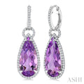 18X8 MM Evoque Gemstones Pear Shape Amethyst and 5/8 Ctw Round Cut Diamond Halo Semi-Precious Earrings in 14K White Gold