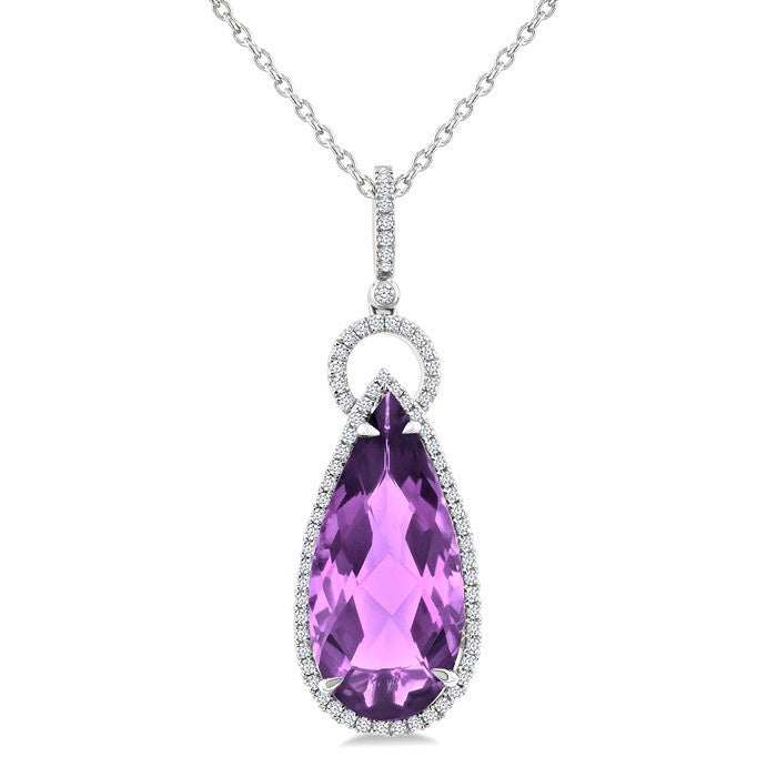 22X10 MM Evoque Gemstones Pear Shape Amethyst and 1/3 Ctw Round Cut Diamond Halo Semi-Precious Pendant With Chain in 14K White Gold
