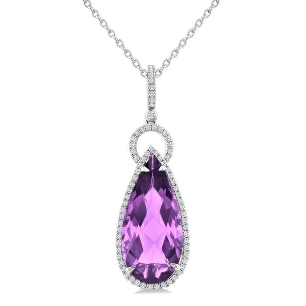 22X10 MM Evoque Gemstones Pear Shape Amethyst and 1/3 Ctw Round Cut Diamond Halo Semi-Precious Pendant With Chain in 14K White Gold