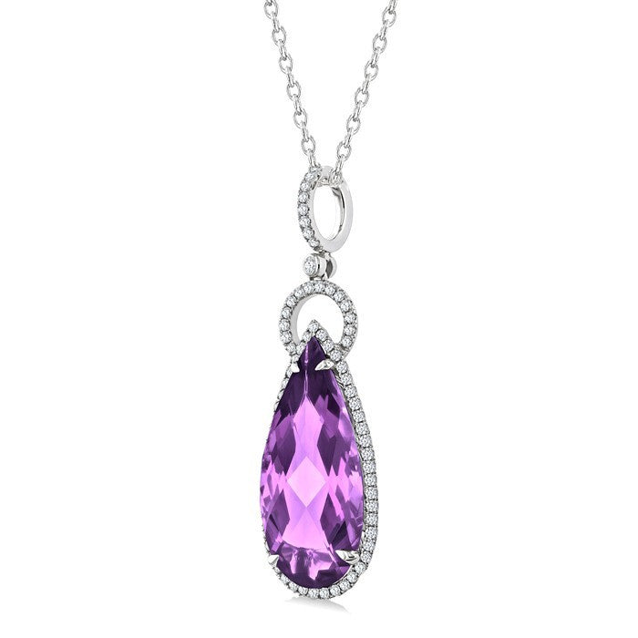 22X10 MM Evoque Gemstones Pear Shape Amethyst and 1/3 Ctw Round Cut Diamond Halo Semi-Precious Pendant With Chain in 14K White Gold