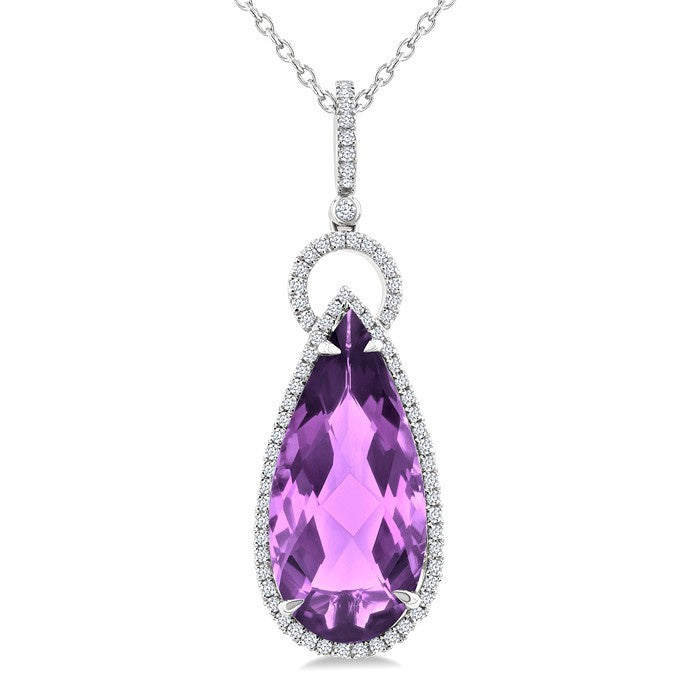 22X10 MM Evoque Gemstones Pear Shape Amethyst and 1/3 Ctw Round Cut Diamond Halo Semi-Precious Pendant With Chain in 14K White Gold