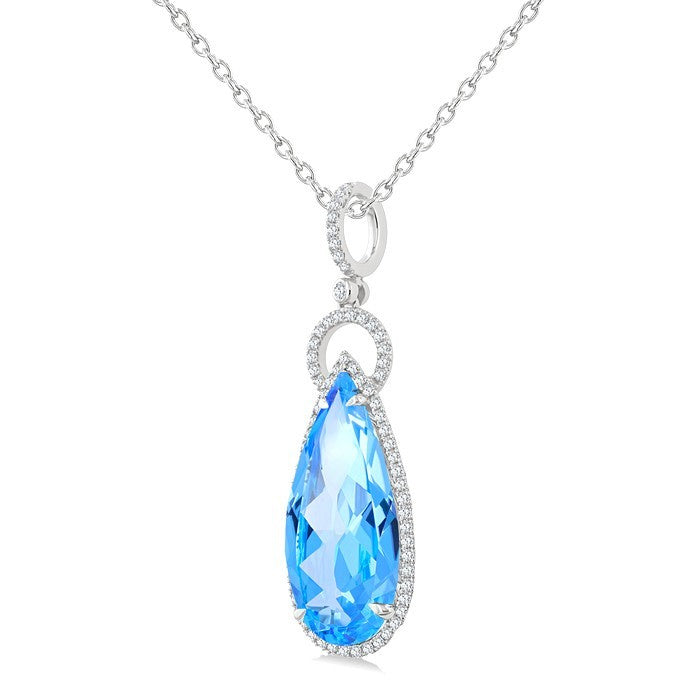 22X10 MM Evoque Gemstones Pear Shape Blue Topaz and 1/3 Ctw Round Cut Diamond Halo Semi-Precious Pendant With Chain in 14K White Gold